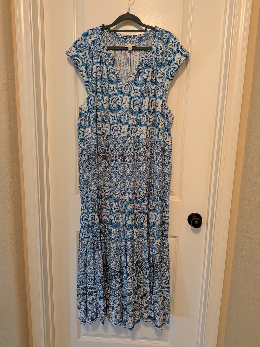 Wonderly Blue & White Printed V-Neck Maxi Dress
